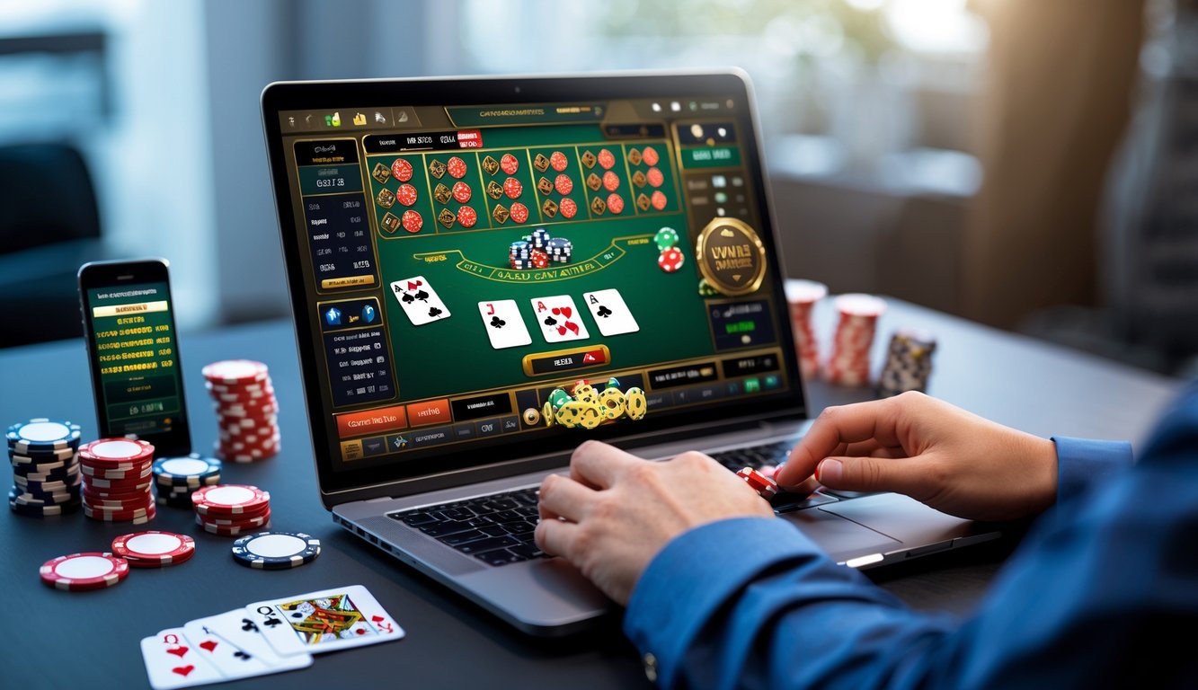 Seseorang bermain game kasino online menggunakan laptop dengan chip poker dan kartu di meja.
