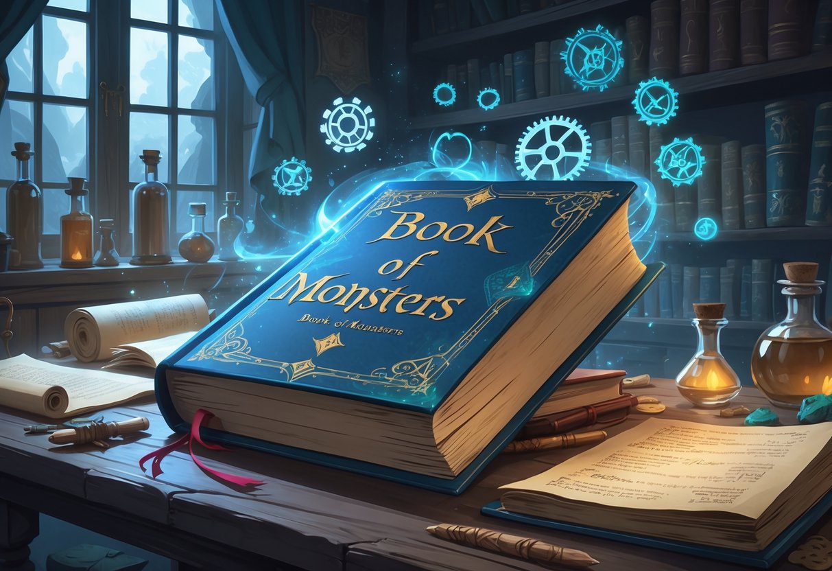 Sebuah buku fantasi terbuka di atas meja kayu dengan simbol-simbol magis dan elemen mistis di sekitarnya, menggambarkan pembelajaran tentang fitur dan mekanik permainan.