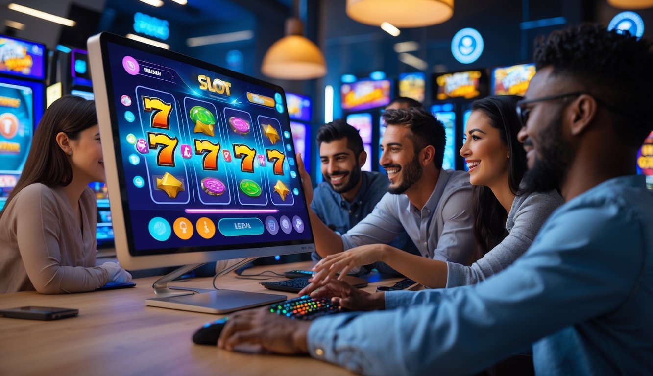 Orang-orang sedang bermain permainan slot online di depan komputer dengan suasana yang cerah dan menyenangkan.