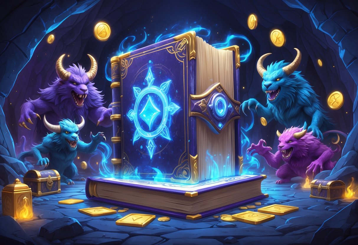 Ilustrasi sebuah buku kuno bercahaya dikelilingi oleh monster mitologis di dalam gua gelap dengan harta karun dan simbol permainan slot.