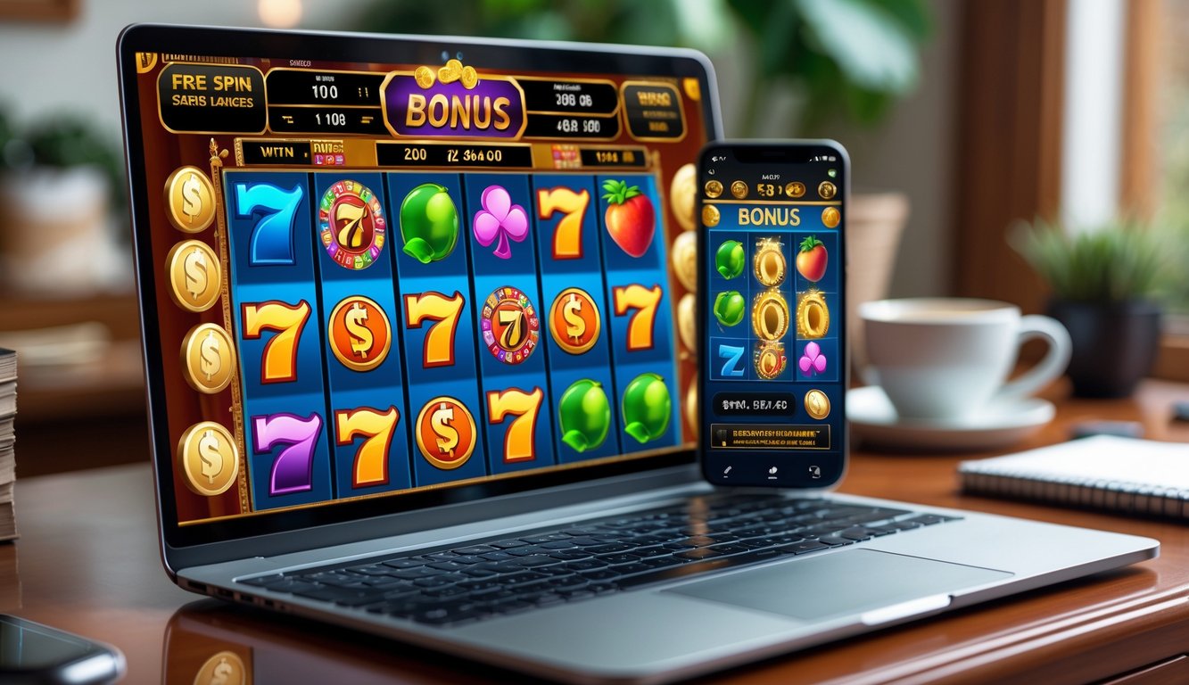 Layar laptop dan ponsel menampilkan permainan slot online dengan simbol warna-warni dan fitur bonus, di atas meja kayu dengan cangkir kopi dan suasana rumah yang nyaman.