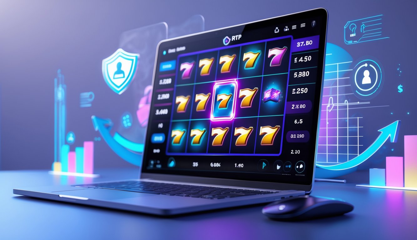 Layar komputer menampilkan permainan slot online dengan simbol warna-warni dan elemen keamanan digital di sekitarnya.