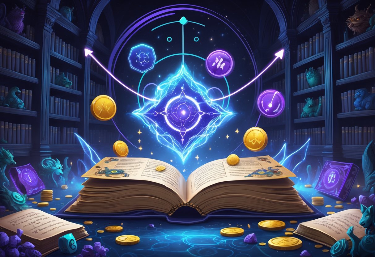 Ilustrasi buku kuno terbuka dengan simbol magis dan grafik yang menggambarkan fitur dan mekanik permainan slot bertema monster.