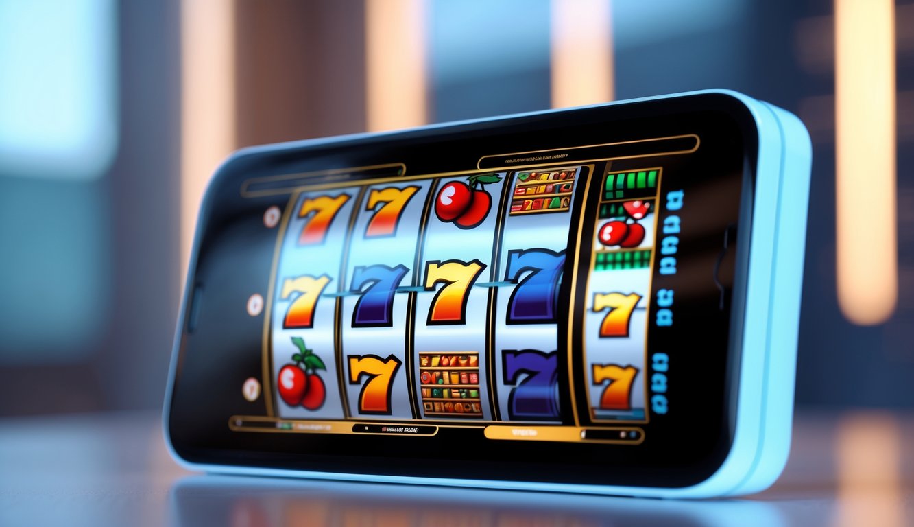 Tampilan antarmuka mesin slot online modern dengan layar digital yang menampilkan gulungan simbol slot yang berputar.