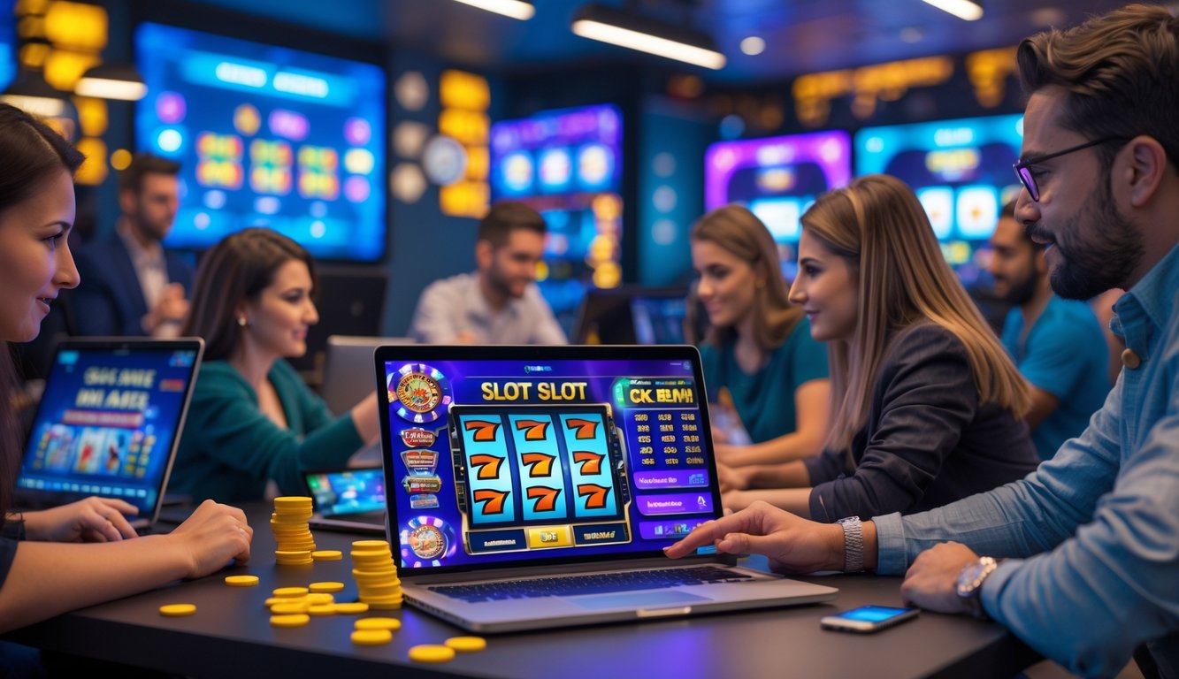 Beberapa orang sedang menggunakan laptop dan ponsel untuk bermain permainan slot online di ruang kerja yang terang dan modern.