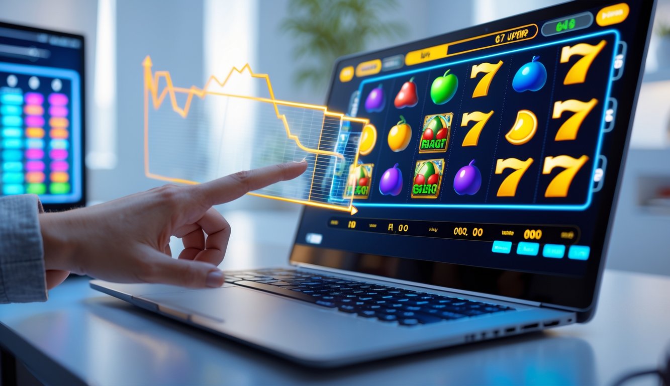 Seseorang menggunakan laptop dengan tampilan permainan slot online dan pola hasil harian yang mudah dibaca di layar.