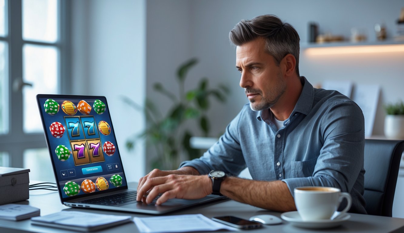 Seorang pria dewasa duduk di meja dengan laptop, fokus bermain permainan slot online dengan suasana ruang kerja yang rapi.