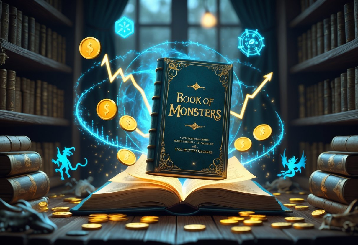 Sebuah buku kuno terbuka di atas meja kayu dengan simbol magis dan grafik mengambang di sekitarnya, dikelilingi oleh makhluk mitologi seperti naga dan goblin dalam sebuah ruang belajar yang remang-remang.