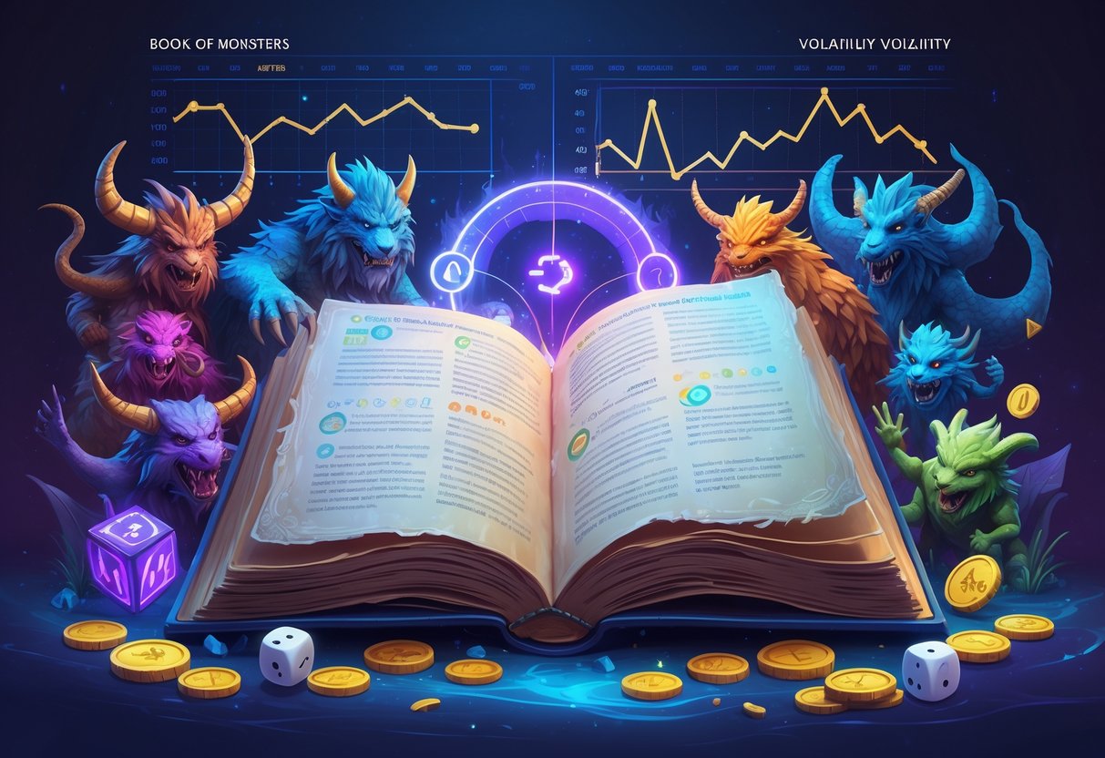 Sebuah buku kuno terbuka dengan halaman bercahaya dikelilingi oleh monster fantasi dan simbol-simbol peluang seperti dadu, koin, dan grafik yang menunjukkan fluktuasi.