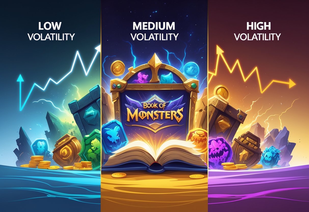 Ilustrasi yang menunjukkan tiga tingkat volatilitas slot: rendah, sedang, dan tinggi, dengan simbol dan warna yang berbeda untuk masing-masing tingkat serta gambar buku dan monster di tengah.