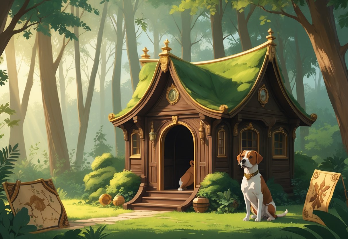 Sebuah rumah anjing mewah dengan hiasan kerajaan di tengah hutan, seekor anjing duduk di depan rumah tersebut dengan latar pepohonan dan sinar matahari lembut.