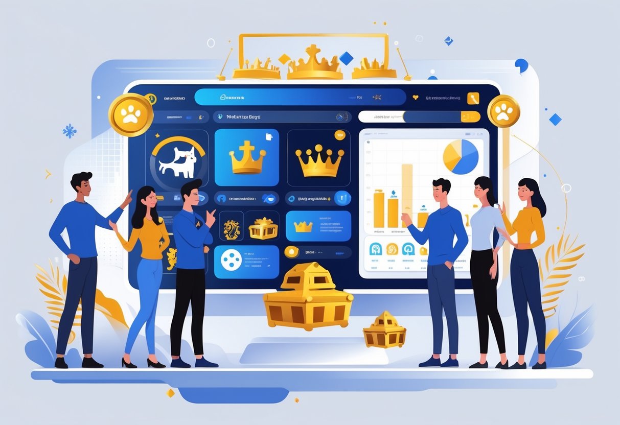 Ilustrasi orang-orang yang sedang mempelajari fitur dan cara kerja sebuah aplikasi bertema anjing dan kerajaan dengan antarmuka digital yang modern.