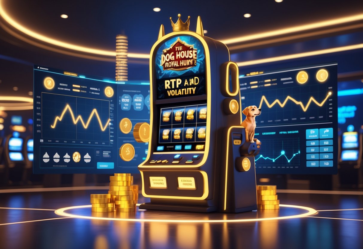Ilustrasi mesin slot bertema anjing dengan grafik dan diagram yang menunjukkan analisis RTP dan volatilitas di lingkungan kasino.