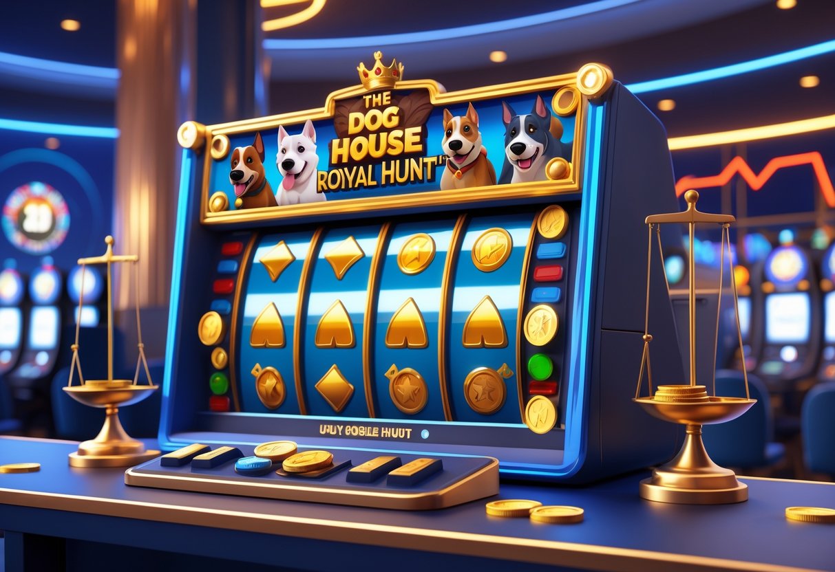 Ilustrasi mesin slot bertema anjing dan perburuan kerajaan dengan simbol timbangan dan grafik yang menggambarkan konsep RTP dan volatilitas.