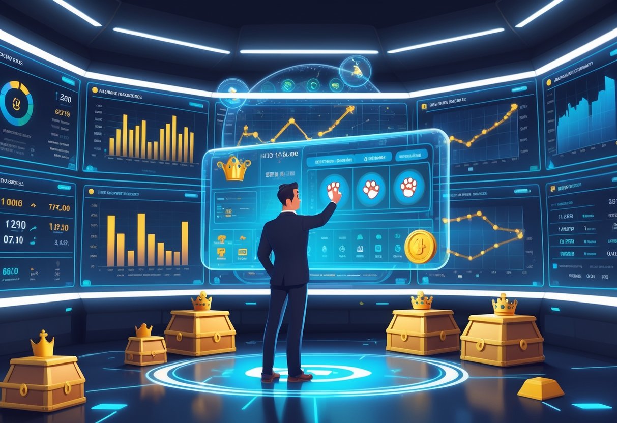Seorang analis sedang memeriksa data statistik dan grafik yang berkaitan dengan fitur dan mekanisme permainan The Dog House Royal Hunt™ di sebuah ruang kontrol berteknologi tinggi.