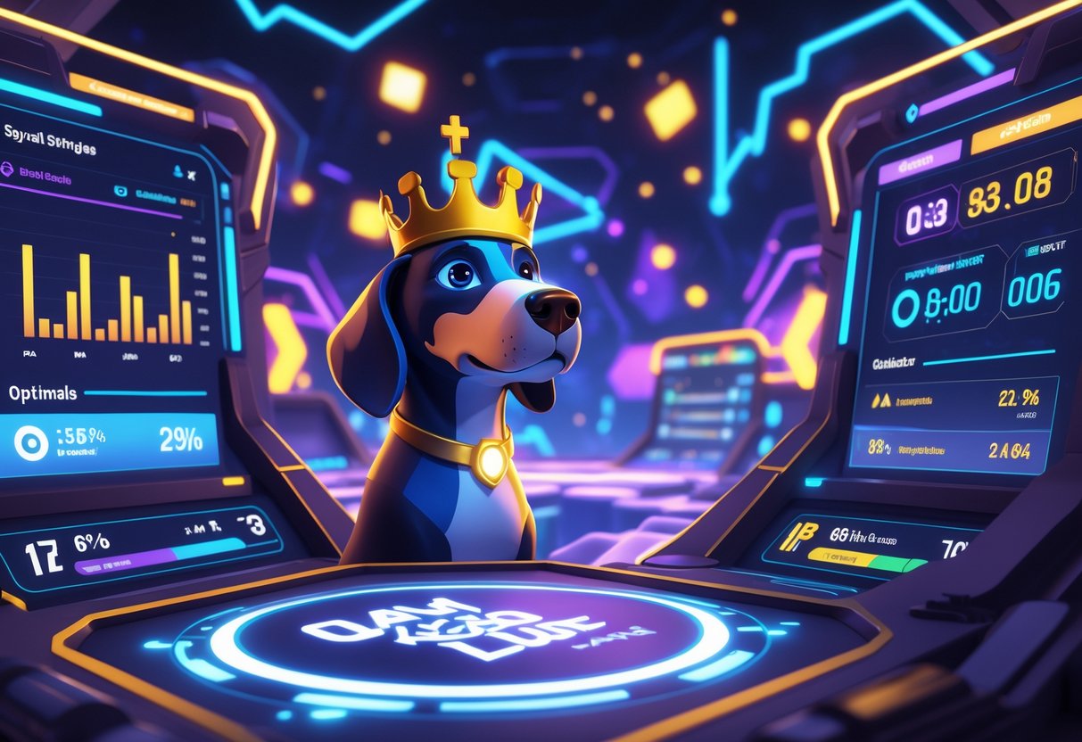 Ilustrasi suasana permainan dengan anjing bergaya kerajaan dan panel statistik waktu bermain terbaik.