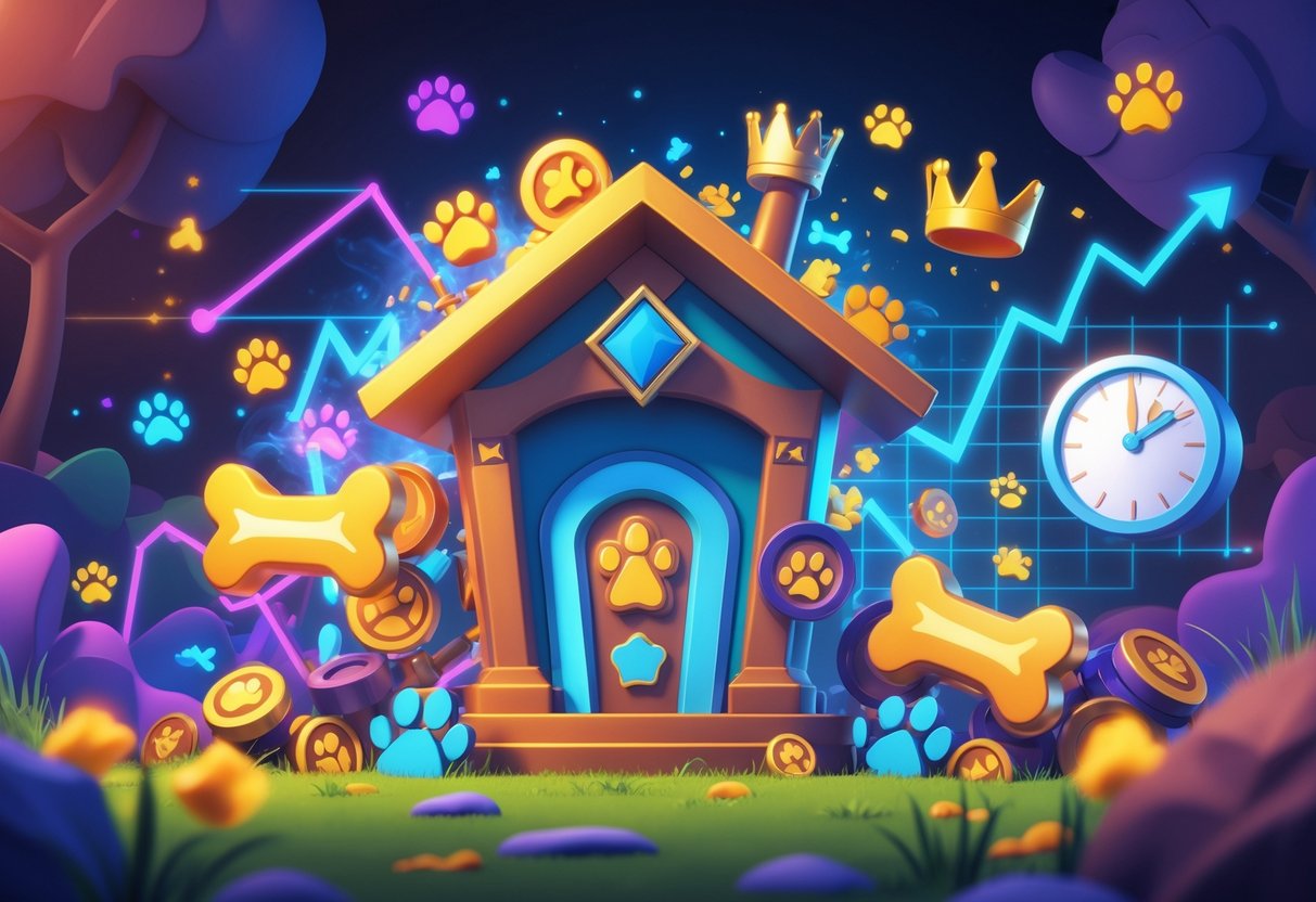 Ilustrasi sebuah rumah anjing dengan elemen permainan seperti gulungan slot, simbol tulang dan mahkota, serta jam dan grafik yang menunjukkan waktu dan statistik bermain terbaik.