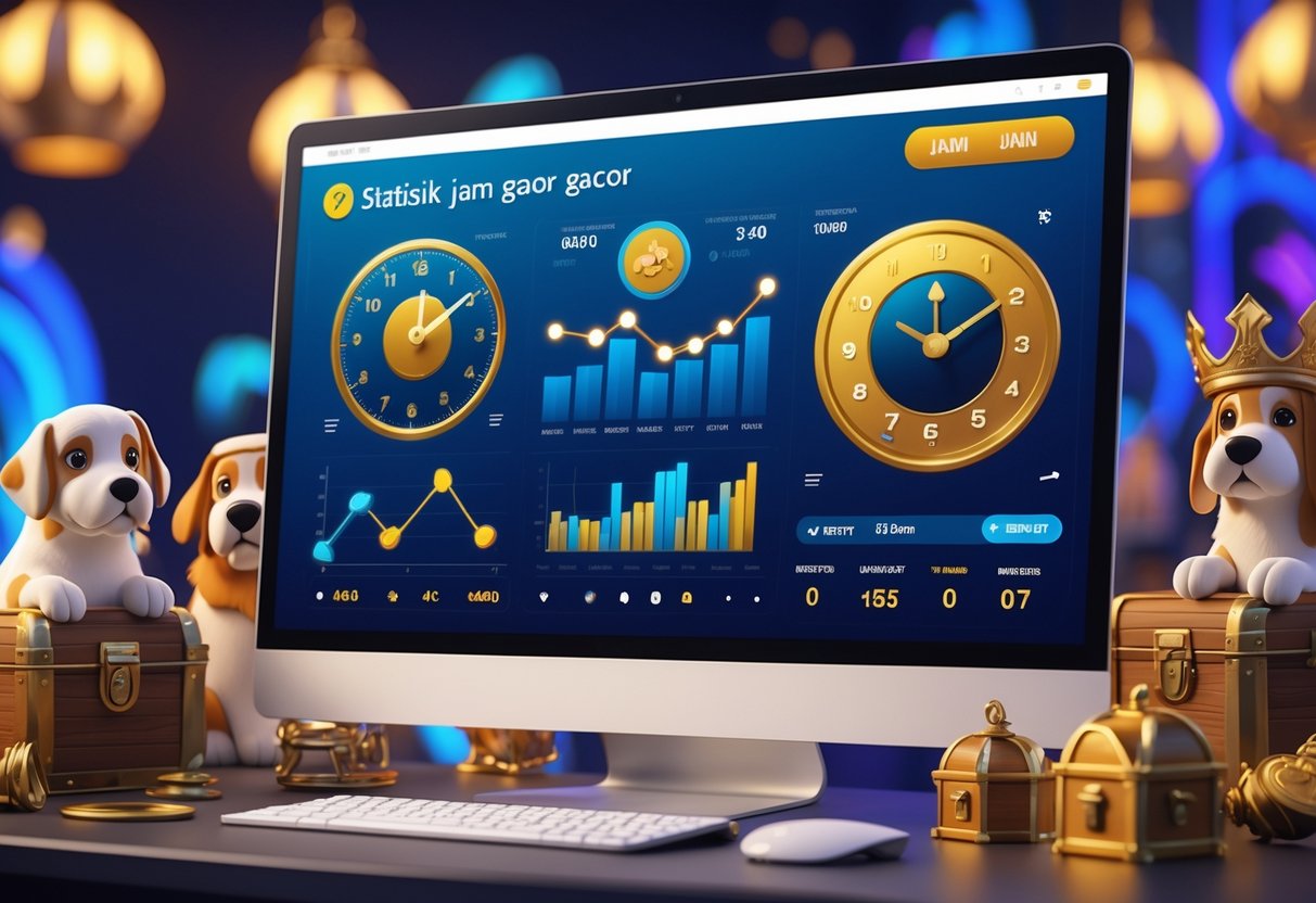 Ilustrasi profesional yang menampilkan dashboard digital dengan grafik dan jam, serta elemen anjing dan simbol berburu dari permainan The Dog House Royal Hunt.