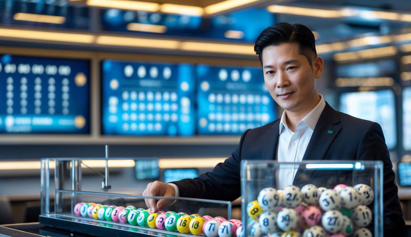 Seorang petugas lotere profesional sedang mengoperasikan mesin undian di ruangan modern dengan latar belakang layar digital dan pemandangan kota Macau.