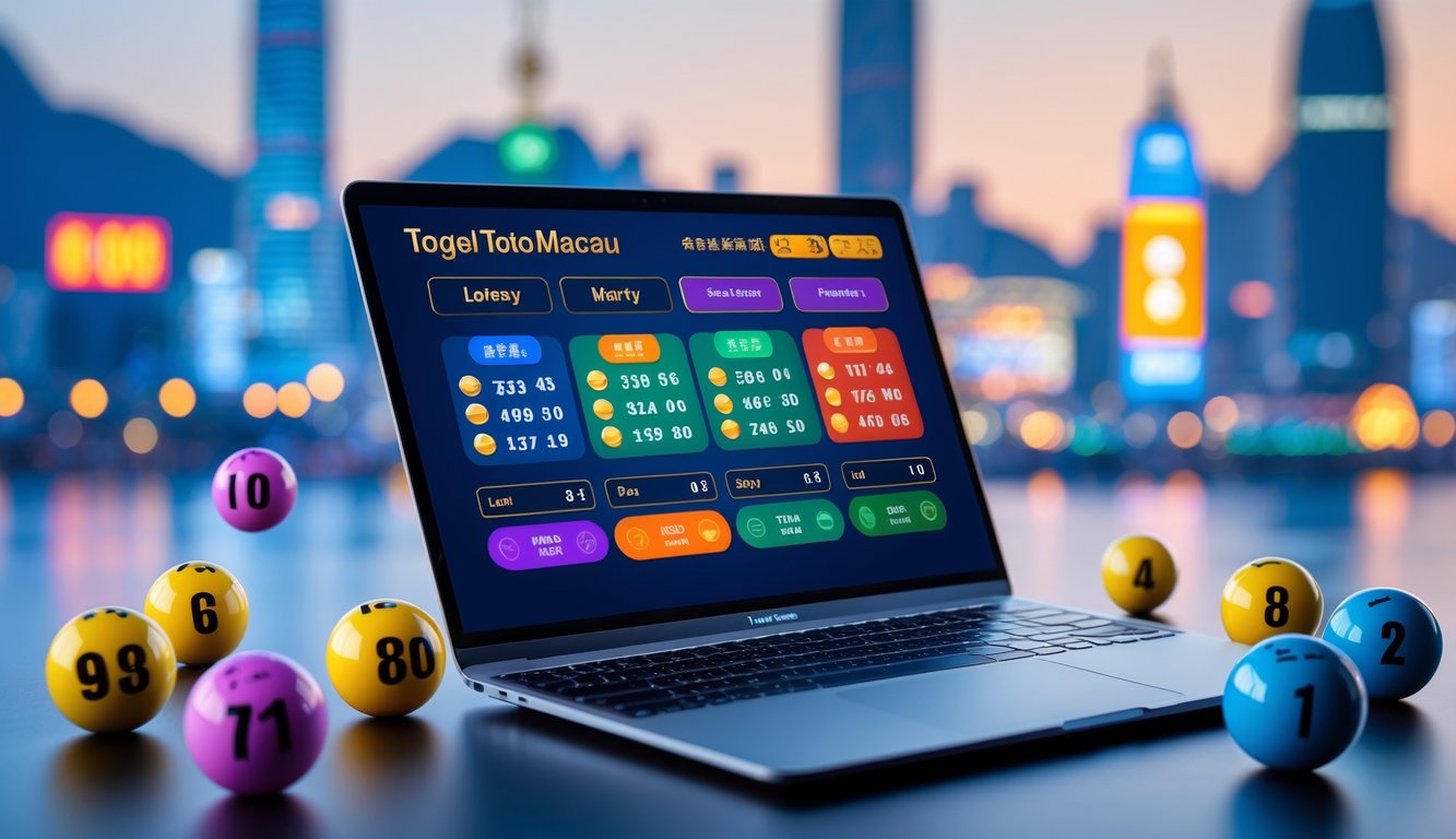 Sebuah laptop modern dengan tampilan antarmuka permainan lotere online dan latar belakang kota Macau yang samar.