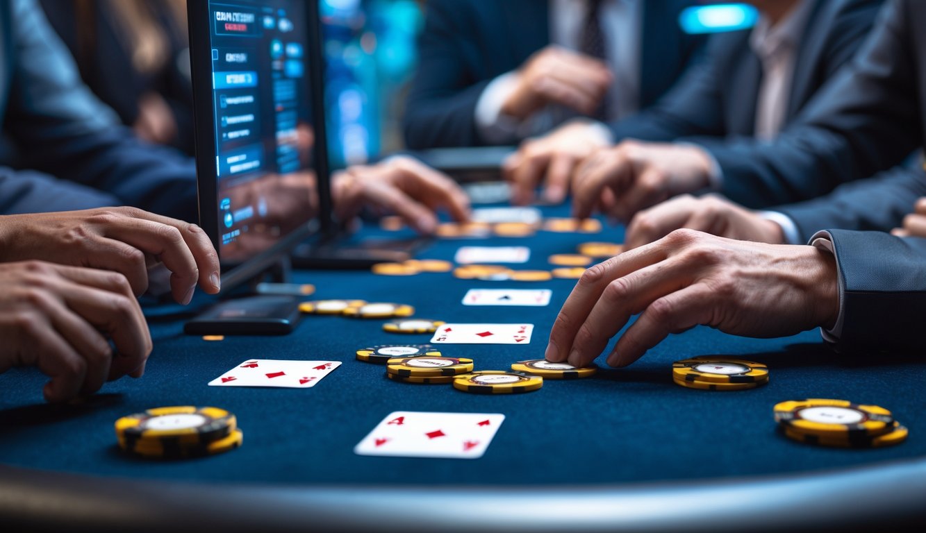Meja permainan poker online dengan beberapa tangan pemain yang sedang bermain kompetitif di depan layar komputer.