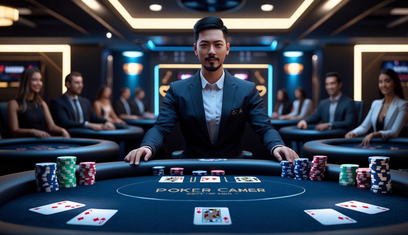 Suasana permainan poker online dengan dealer virtual modern di meja poker digital dan pemain yang terlibat dalam permainan.
