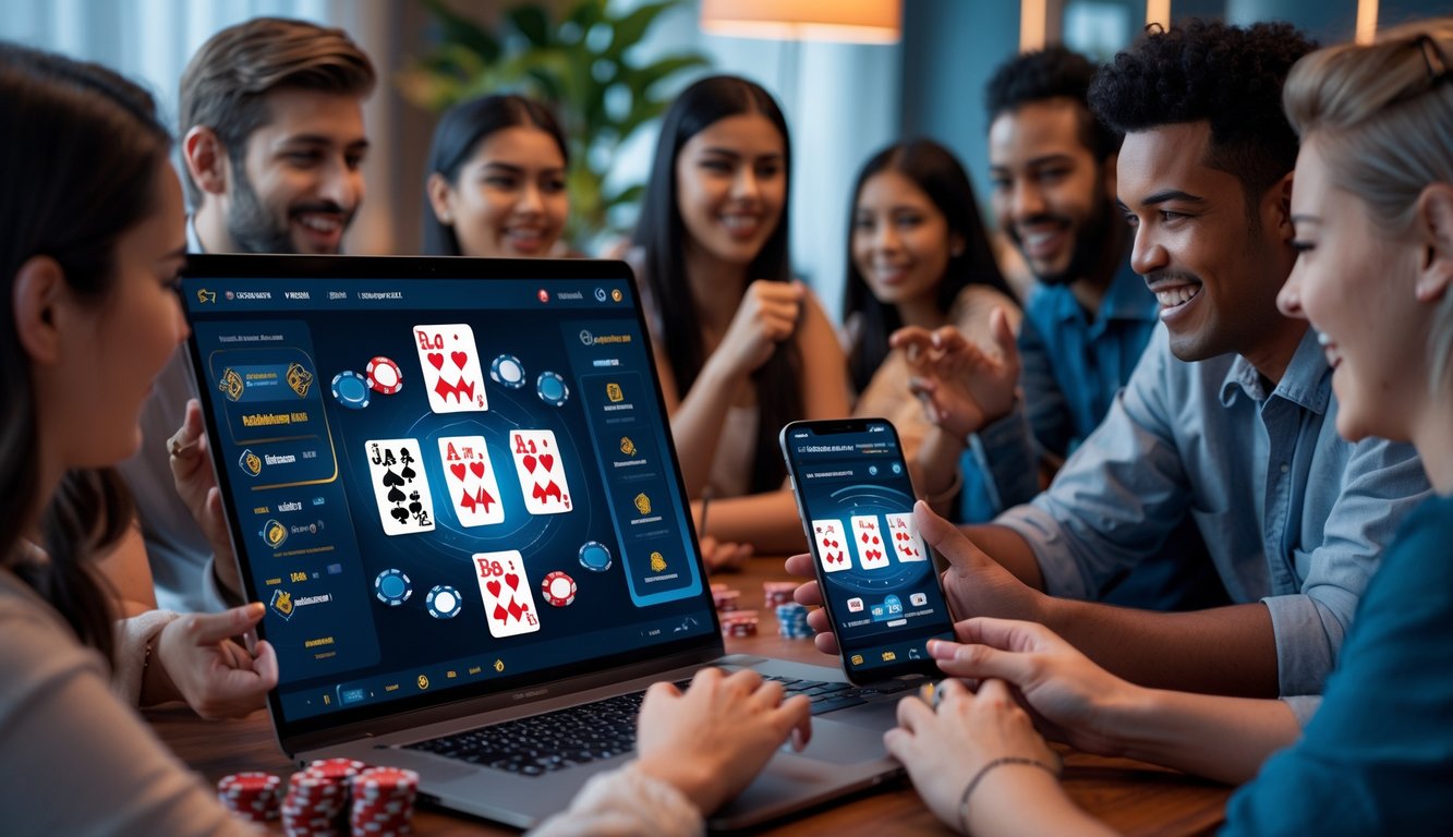 Beberapa orang sedang bermain poker online bersama menggunakan laptop dan ponsel di ruangan yang nyaman.