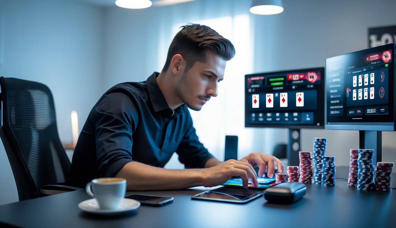 Seorang pria fokus bermain poker online di depan beberapa layar digital dengan kartu dan chip poker di meja.