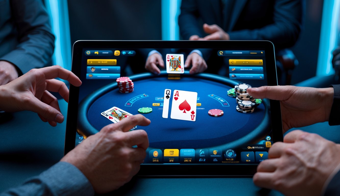 Layar perangkat menampilkan permainan poker online dengan kartu dan avatar pemain, tangan orang sedang berinteraksi dengan perangkat.
