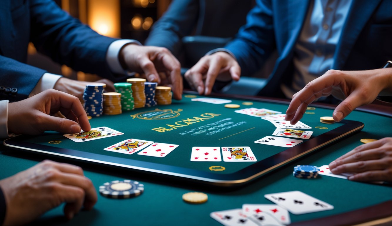 Layar komputer menampilkan permainan blackjack online dengan kartu dan chip, tangan pemain sedang berinteraksi dengan perangkat.