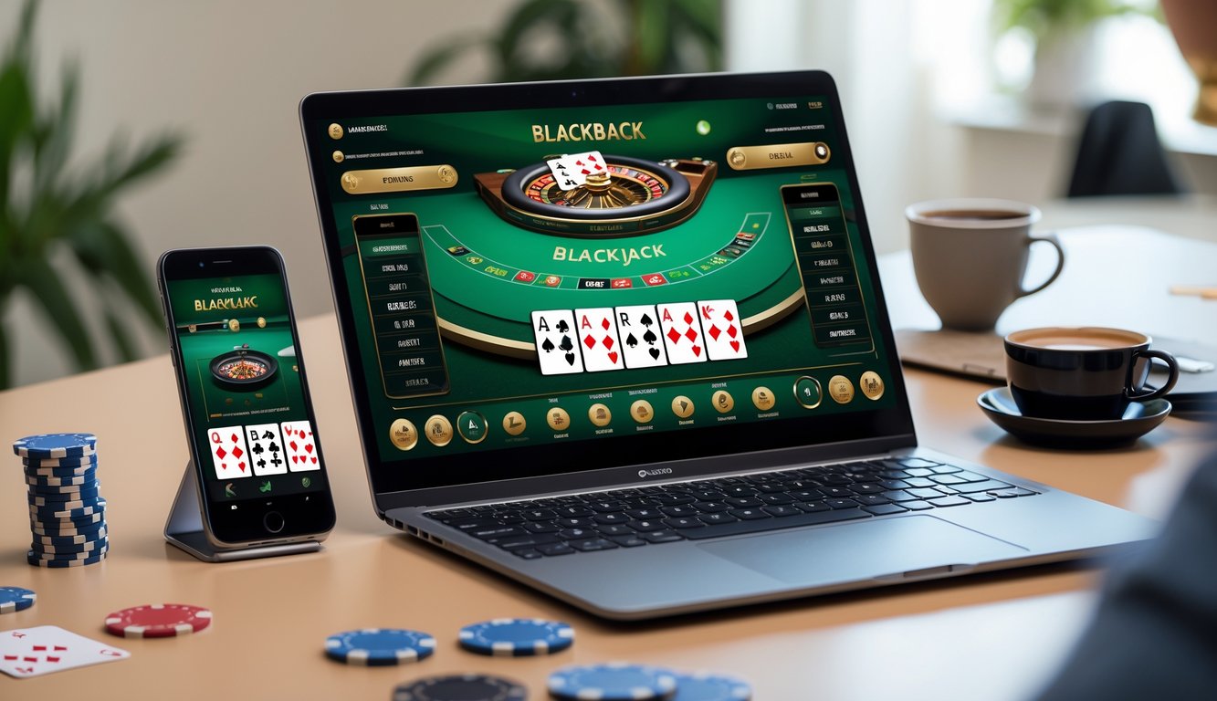 Sebuah meja kerja dengan laptop dan ponsel yang menampilkan permainan blackjack online, dikelilingi oleh chip poker dan kartu remi.