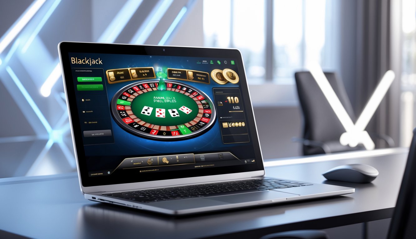 Seseorang menggunakan komputer dengan permainan blackjack online yang menampilkan kartu dan chip di layar.