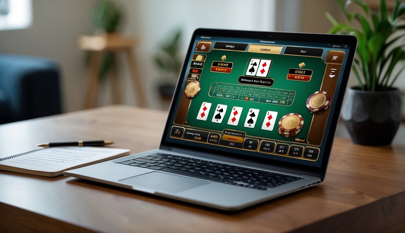 Seorang pemain blackjack online sedang fokus pada laptop dengan permainan blackjack di layar dan catatan strategi di meja.