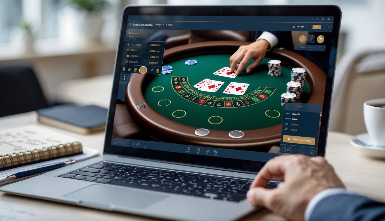 Tampilan dekat permainan blackjack online di layar laptop dengan kartu dan tumpukan chip, di meja kerja dengan catatan dan cangkir kopi.