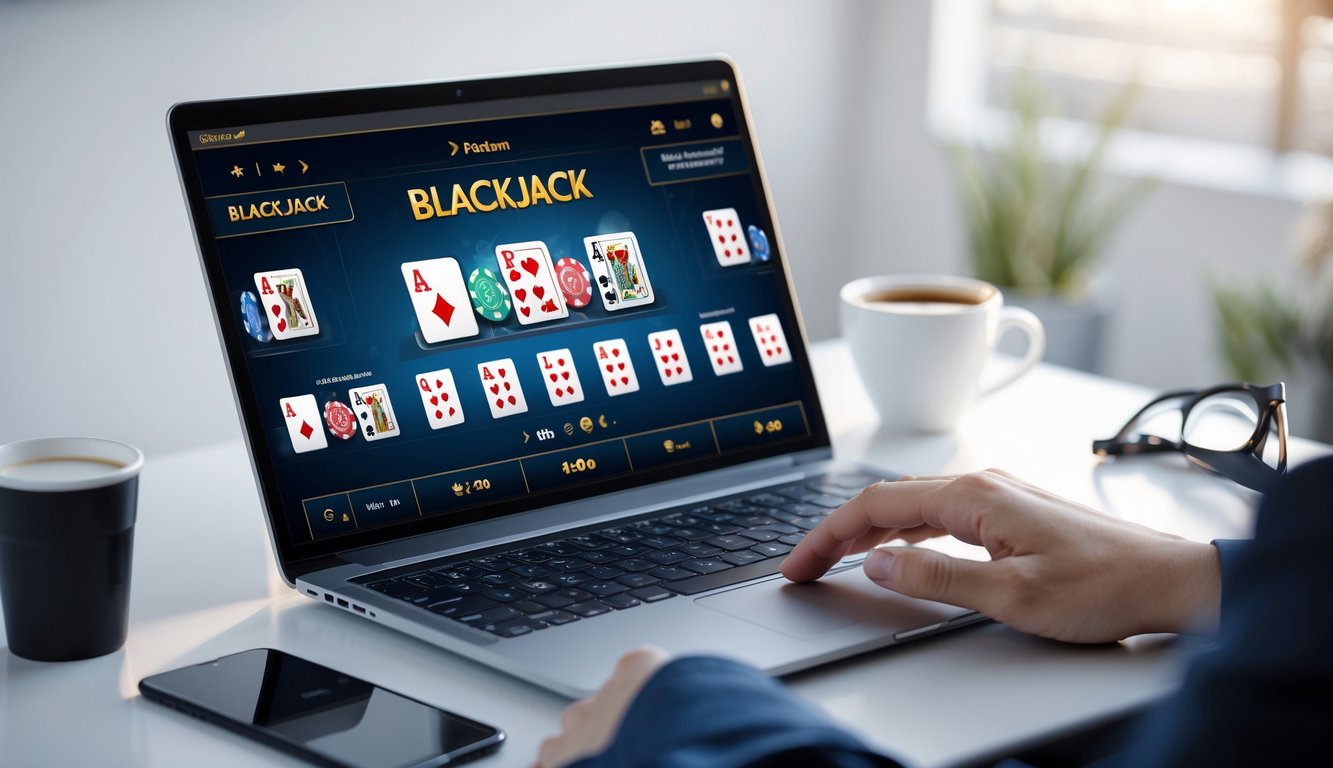 Layar laptop menampilkan permainan blackjack online dengan kartu dan chip di atas meja kerja minimalis.