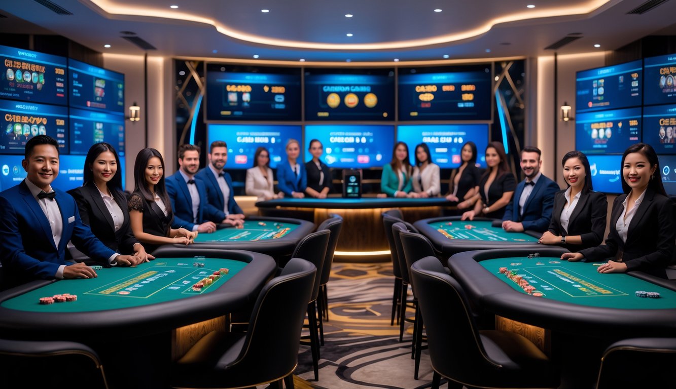 Sejumlah dealer profesional sedang bekerja di meja permainan kasino online secara langsung di studio yang modern dan terang.