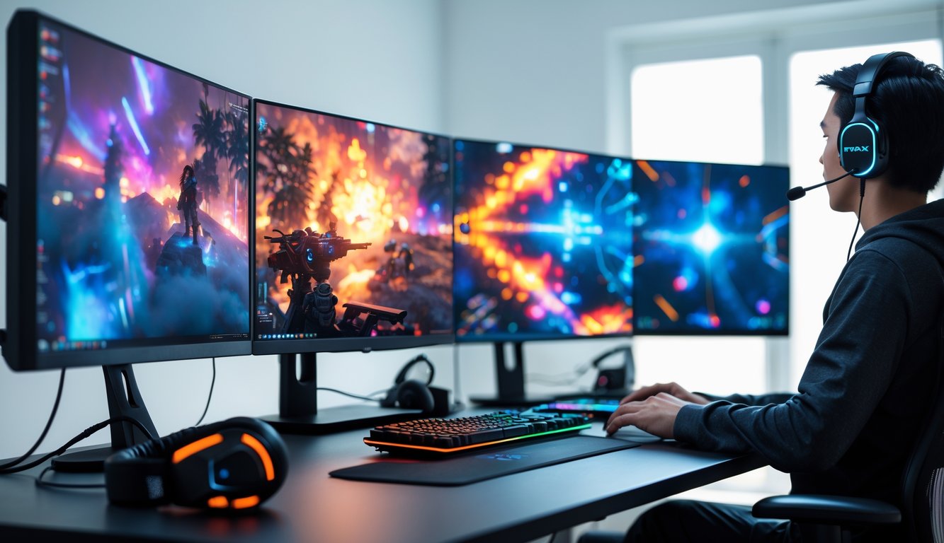 Seseorang sedang duduk di depan meja dengan beberapa monitor menampilkan permainan online secara langsung.