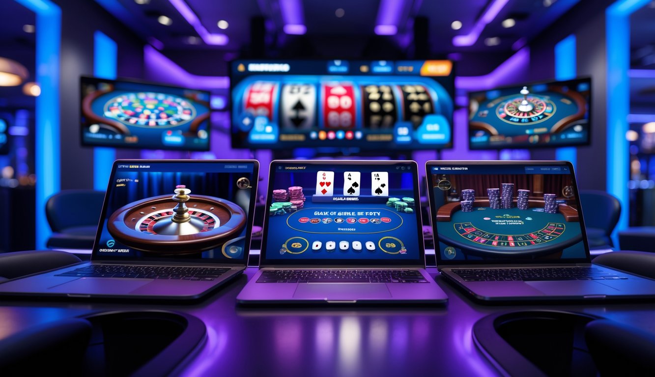 Sebuah ruangan dengan beberapa layar yang menampilkan berbagai meja permainan kasino online secara langsung.
