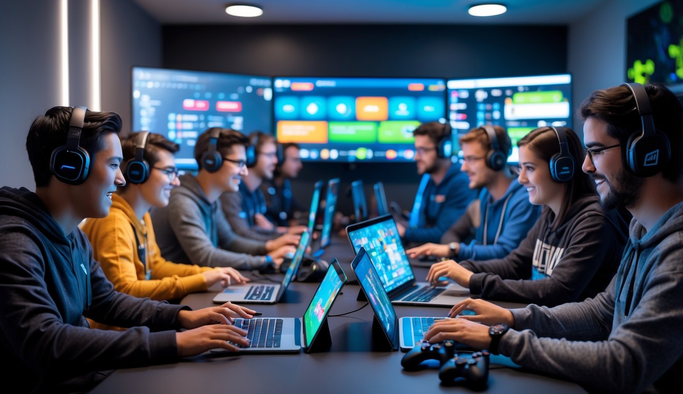 Sekelompok orang dengan berbagai usia bermain permainan online secara langsung menggunakan laptop dan ponsel di sebuah ruangan modern.