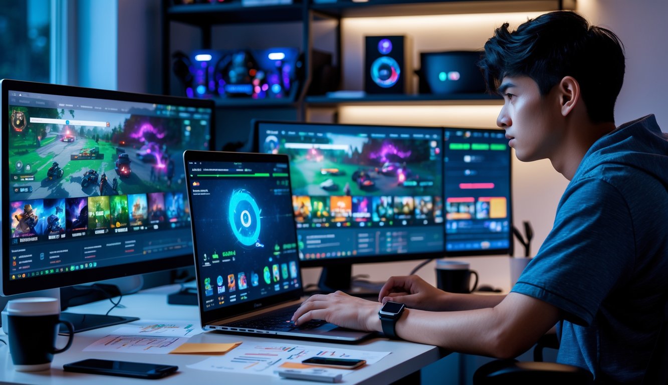 Seseorang muda sedang bermain game online langsung di laptop dengan beberapa layar dan catatan strategi di meja kerja yang rapi.