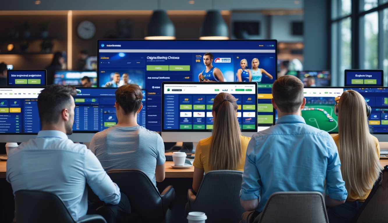Orang-orang menggunakan komputer dan ponsel untuk memasang taruhan online dalam ruangan yang nyaman dan terang.