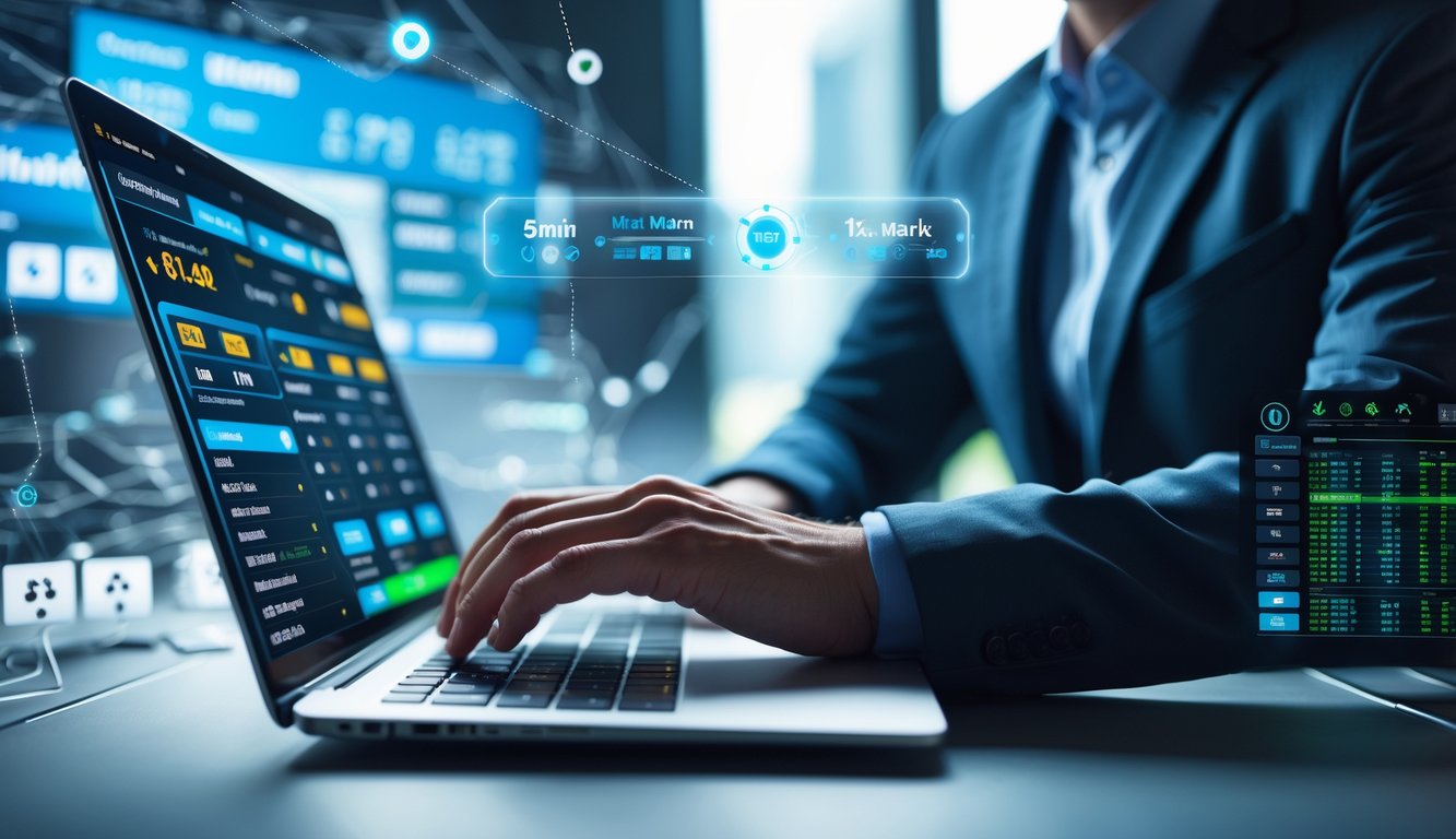 Seseorang menggunakan laptop dengan tampilan situs taruhan online yang modern dan cepat, dikelilingi elemen digital yang menunjukkan koneksi jaringan dan server stabil.