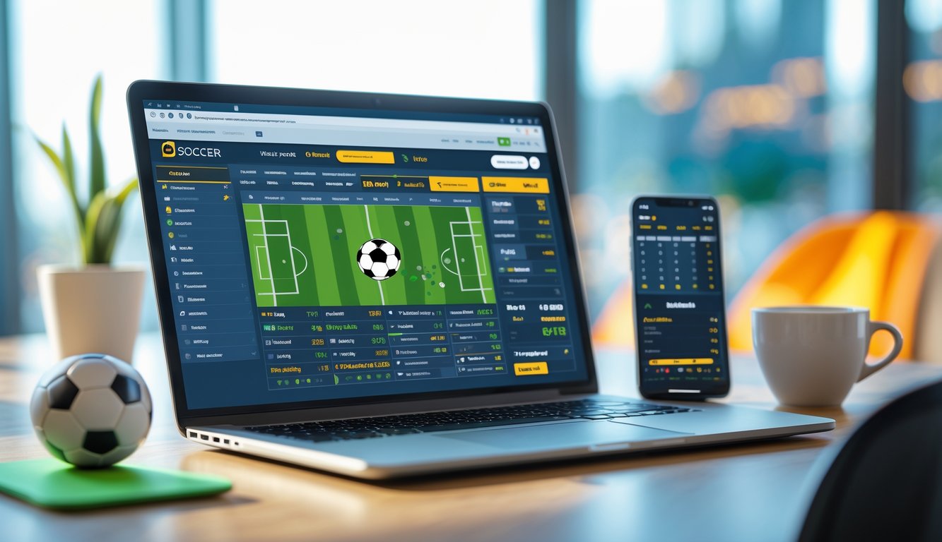 Seorang pengguna di depan laptop yang menampilkan jadwal pertandingan sepak bola lengkap pada situs taruhan online.