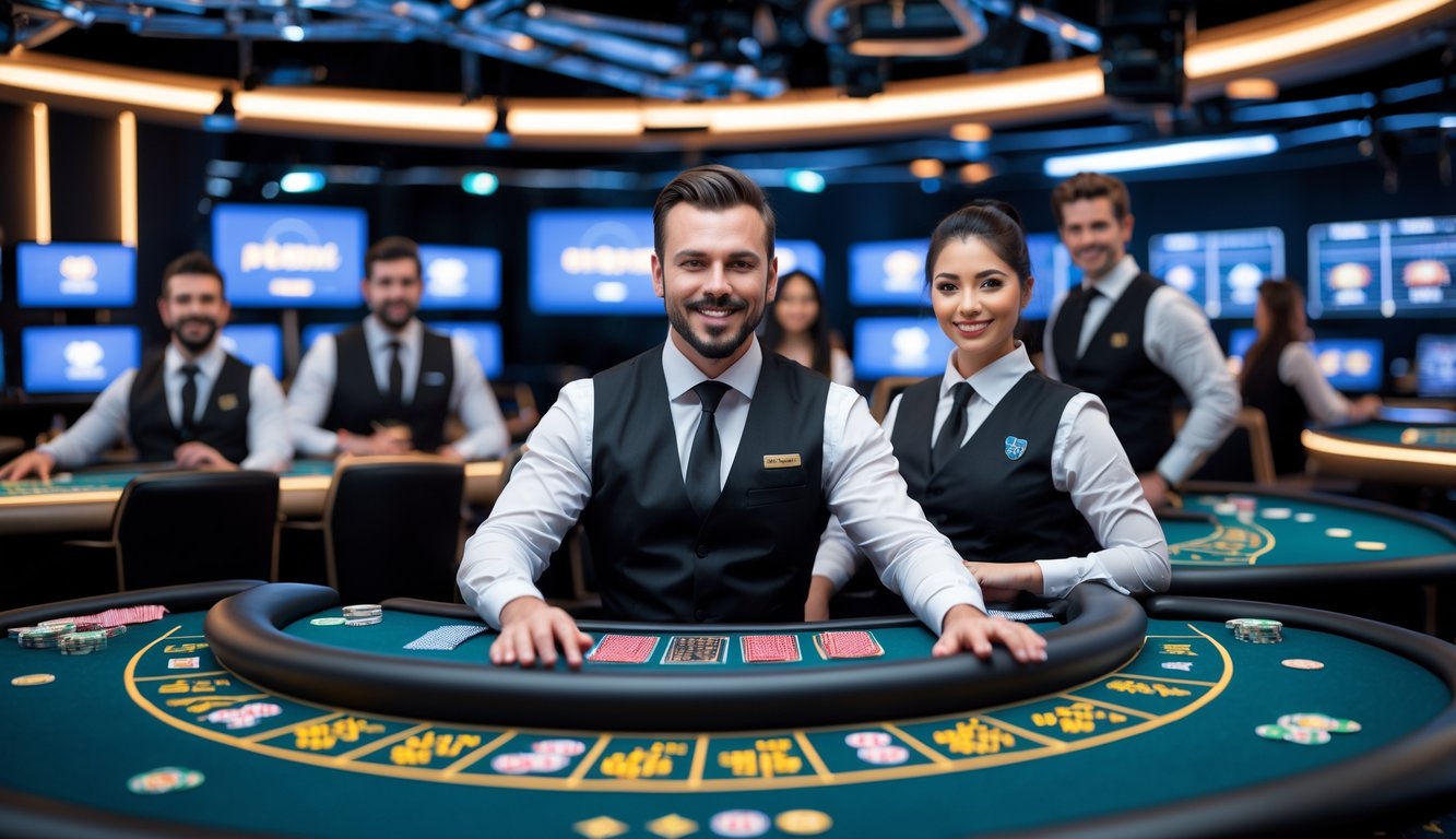 Seorang dealer profesional di studio kasino online dengan meja permainan dan peralatan streaming, siap melayani pemain secara langsung.