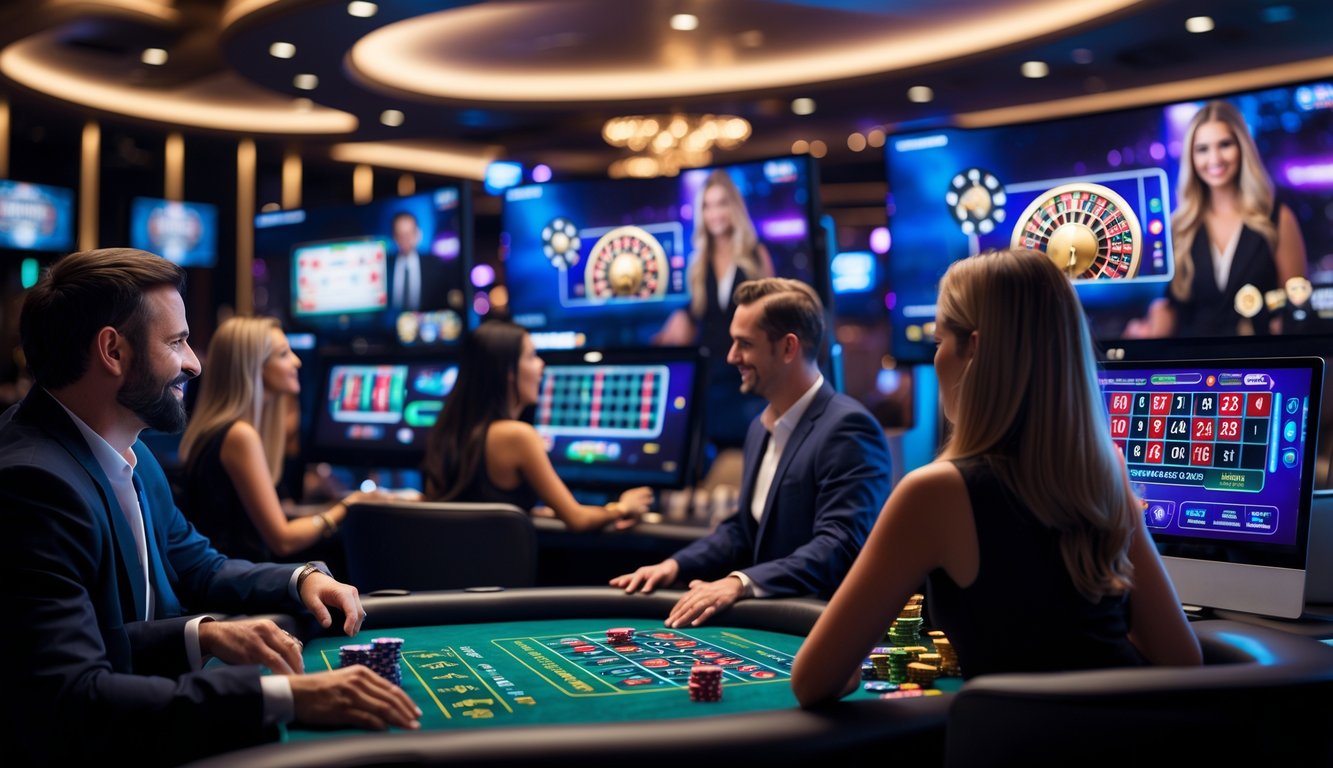 Orang-orang bermain kasino online secara langsung dengan dealer nyata di layar komputer dalam suasana kasino modern.