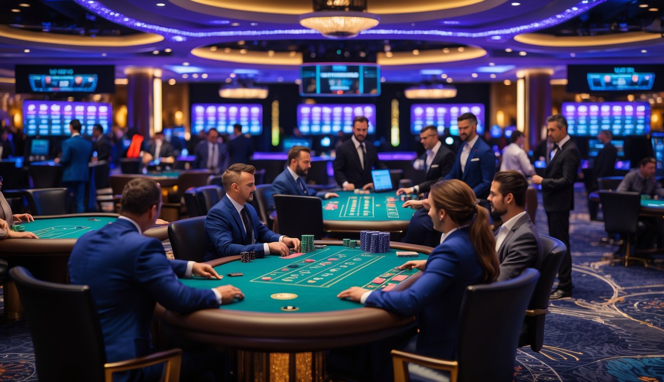 Suasana kasino online langsung dengan beberapa meja permainan lengkap dan dealer profesional yang melayani pemain yang menggunakan perangkat digital.