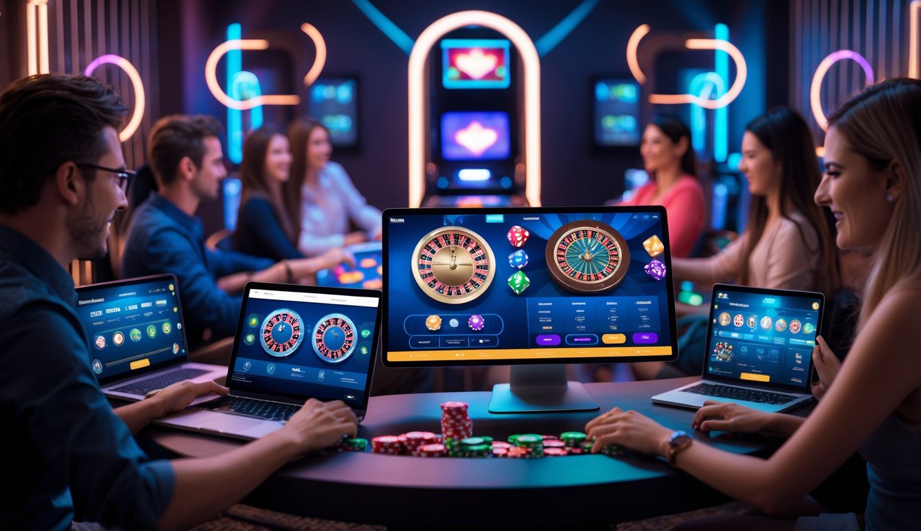 Beberapa orang sedang bermain permainan kasino online dengan perangkat digital di ruangan dengan pencahayaan modern dan suasana interaktif.