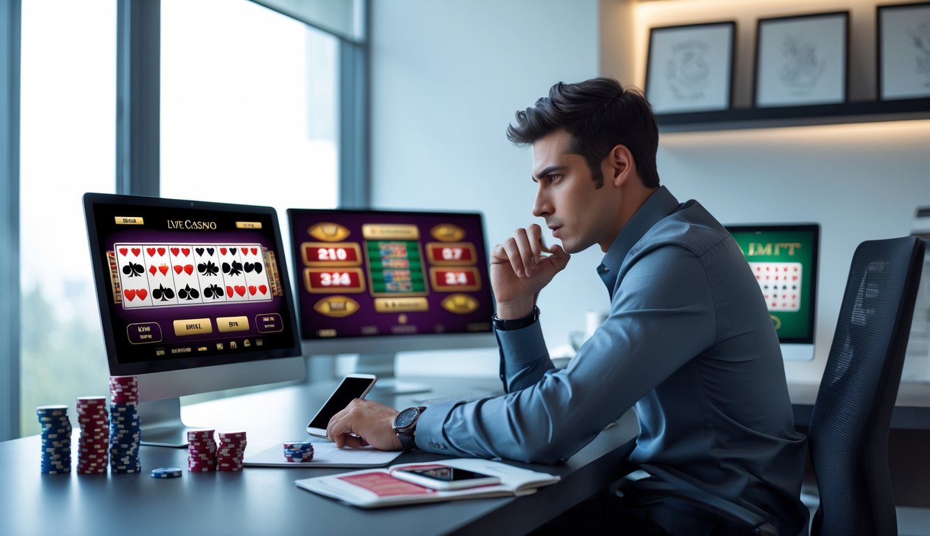 Seorang pria muda duduk di meja dengan beberapa layar menampilkan permainan kasino langsung, sambil mencatat dan menggunakan laptop.
