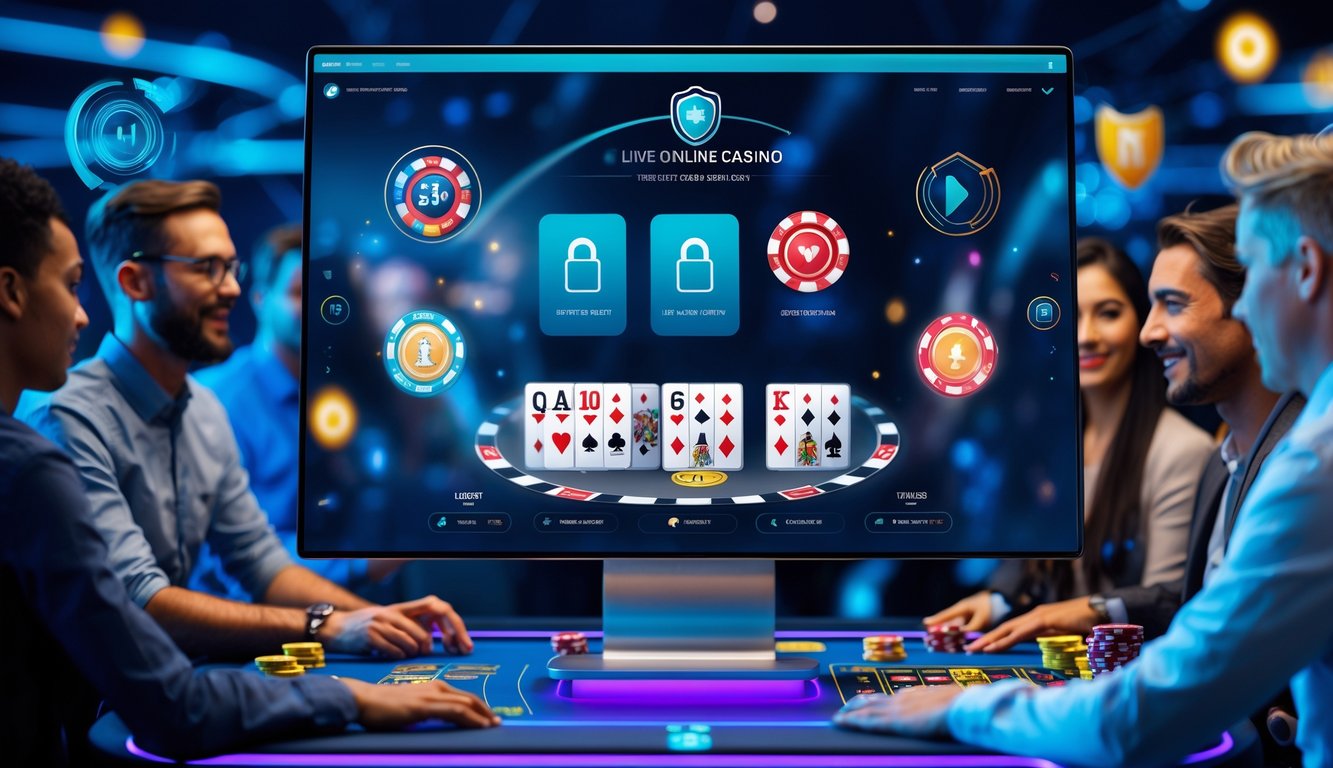 Suasana kasino online dengan pemain yang fokus di depan layar komputer dan simbol keamanan digital di latar belakang.