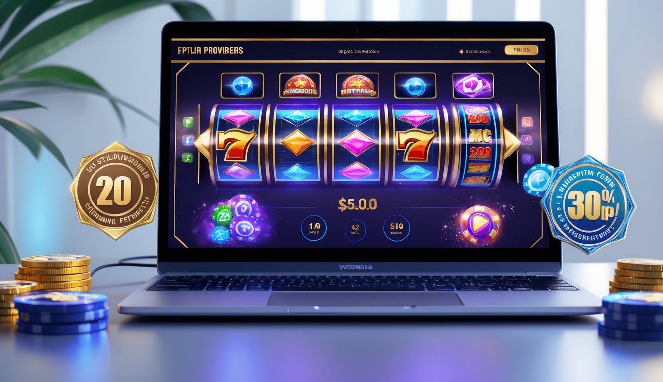 Tampilan layar komputer dengan permainan slot online yang berwarna-warni dan latar belakang minimalis.